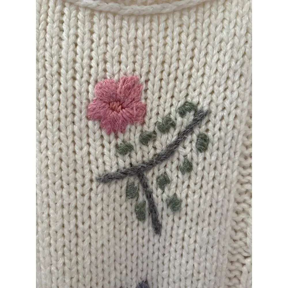 Jamie Scott Vintage Hand Knit Sweater Floral Cream Pullover Large 90s - Picture 3 of 5